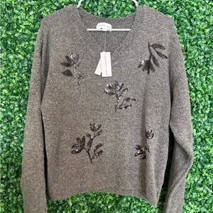 Gray V-Neck Sweater with Sequin Floral Accents